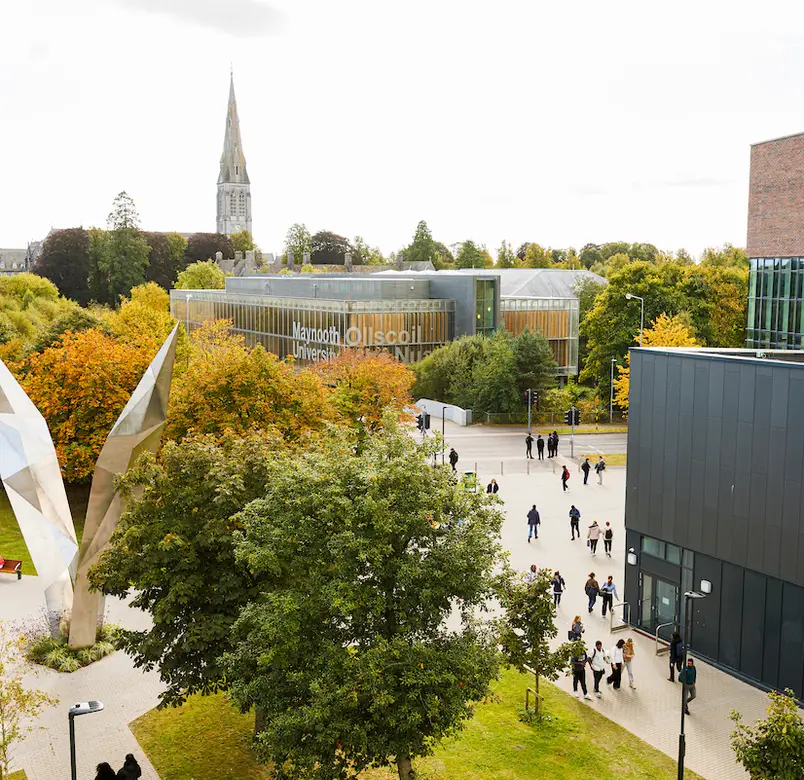 View from the top of a building in North campus looking across to the South campus of Maynooth University showing the landscape and art